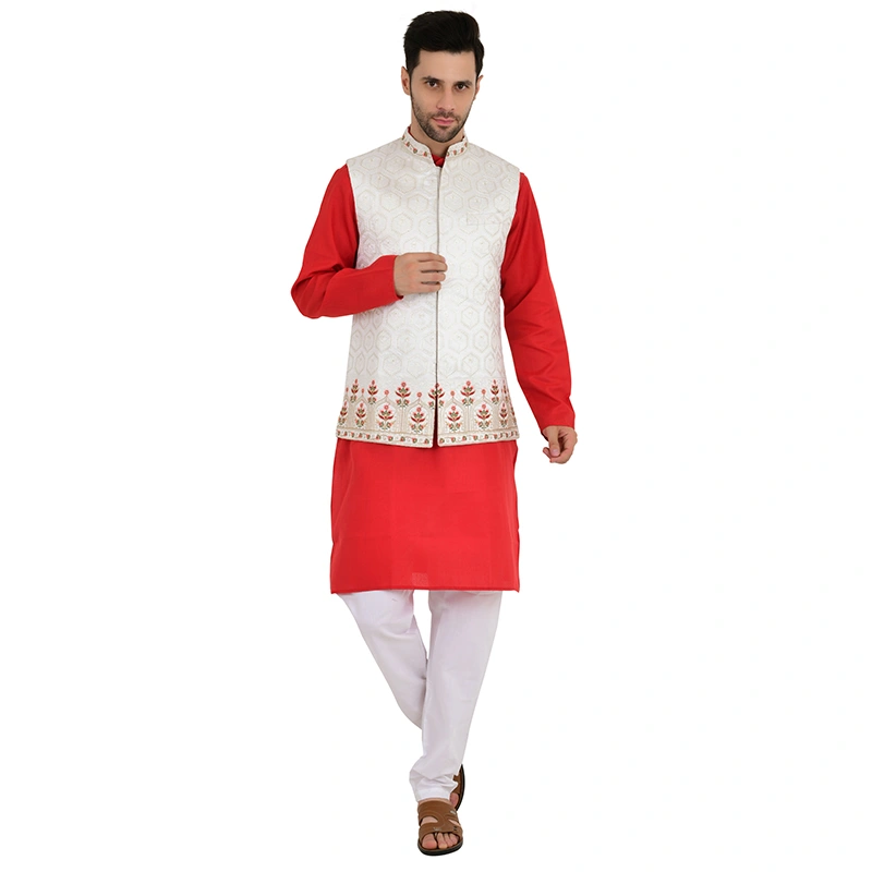 Male model in red kurta with floral embroidered white Nehru jacket and white pyjama - ethnic wear ecommerce photography by Lohar Studio Delhi
